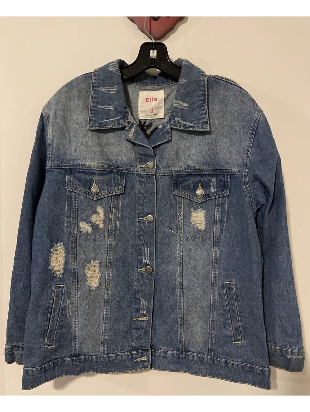 Ella Womens Medium Blue Denim Ripped Accented Jean Jacket! M227